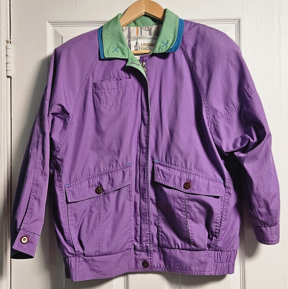 London Fog Purple & Green Utility Windbreaker Jacket Size S Vintage 80s Colorful